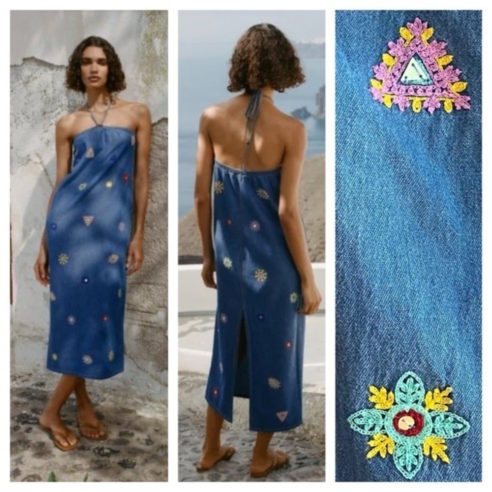 Zara Denim Embroidered Geo Shapes Midi Halter Dress XS